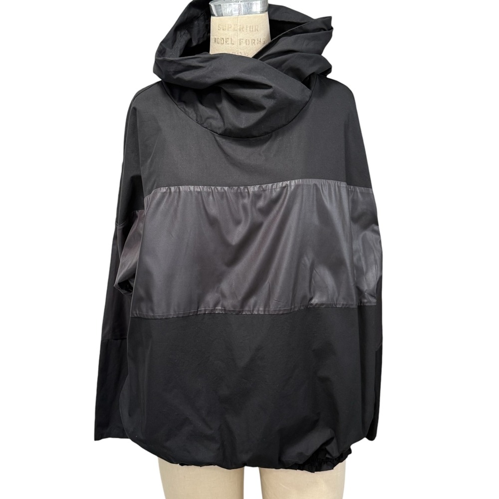 Burcu Aslan Black Hooded Mixed Media Pullover Top Balloon Hem Womens 12 Size 44